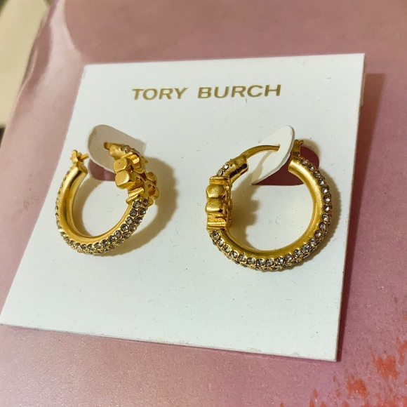 Tory Burch Eleanor Pave Crystal Gold Hoop Earrings NWT - Picture 12 of 16